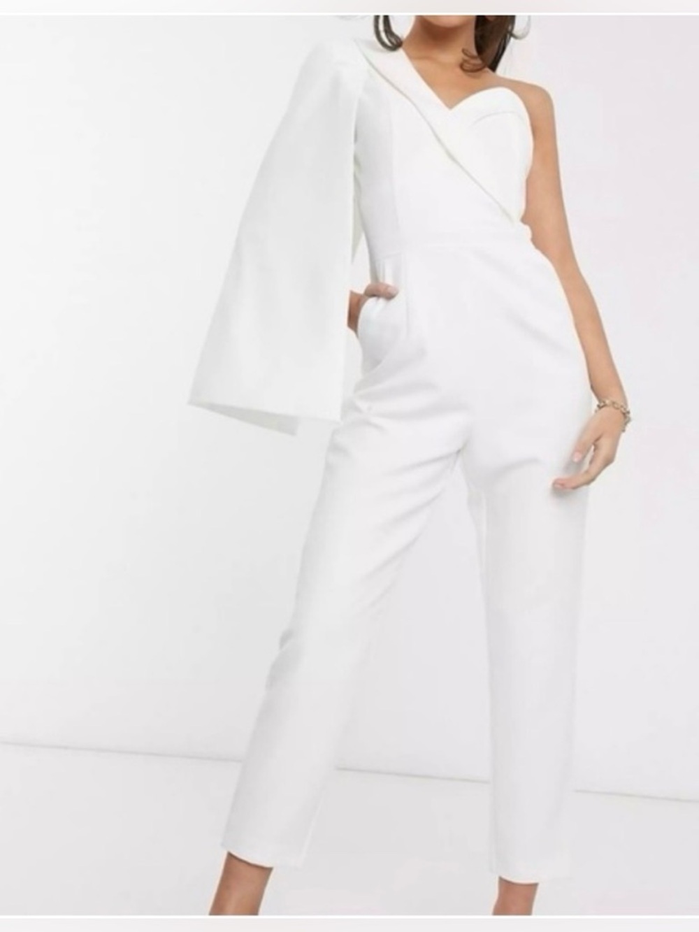 Lavish Alice: One-Shoulder White Jumpsuit with Cape.